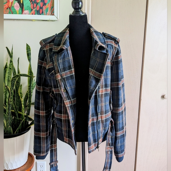 Mango Jackets & Blazers - MNG Mango Plaid Zip Up Fall Moto Jacket Women's Size Large